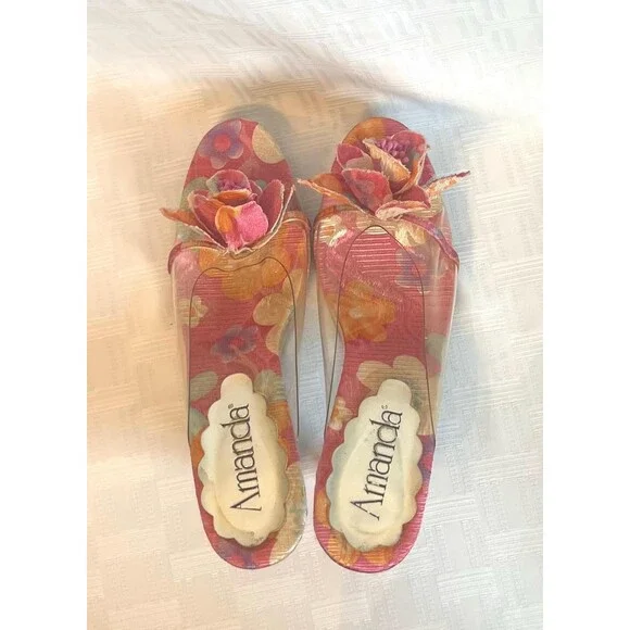 Amanda PinaColada Pink Orange Floral Mules | Leather Sole Fabric Heels 9.5W - Picture 4 of 11